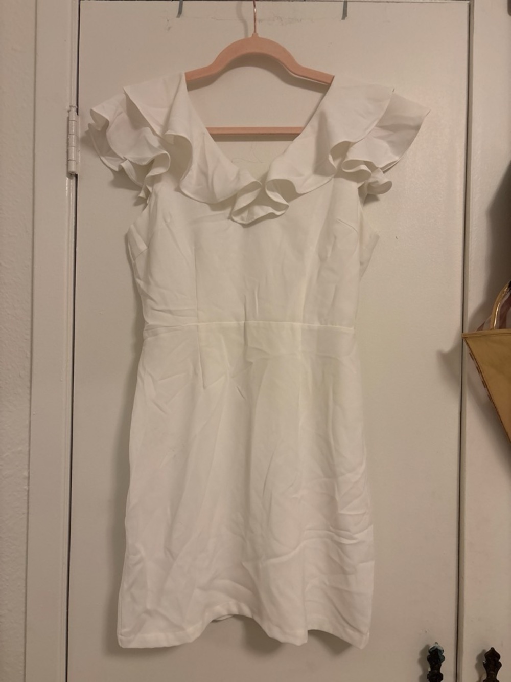 TCEC White Ruffle-Neck Mini Dress